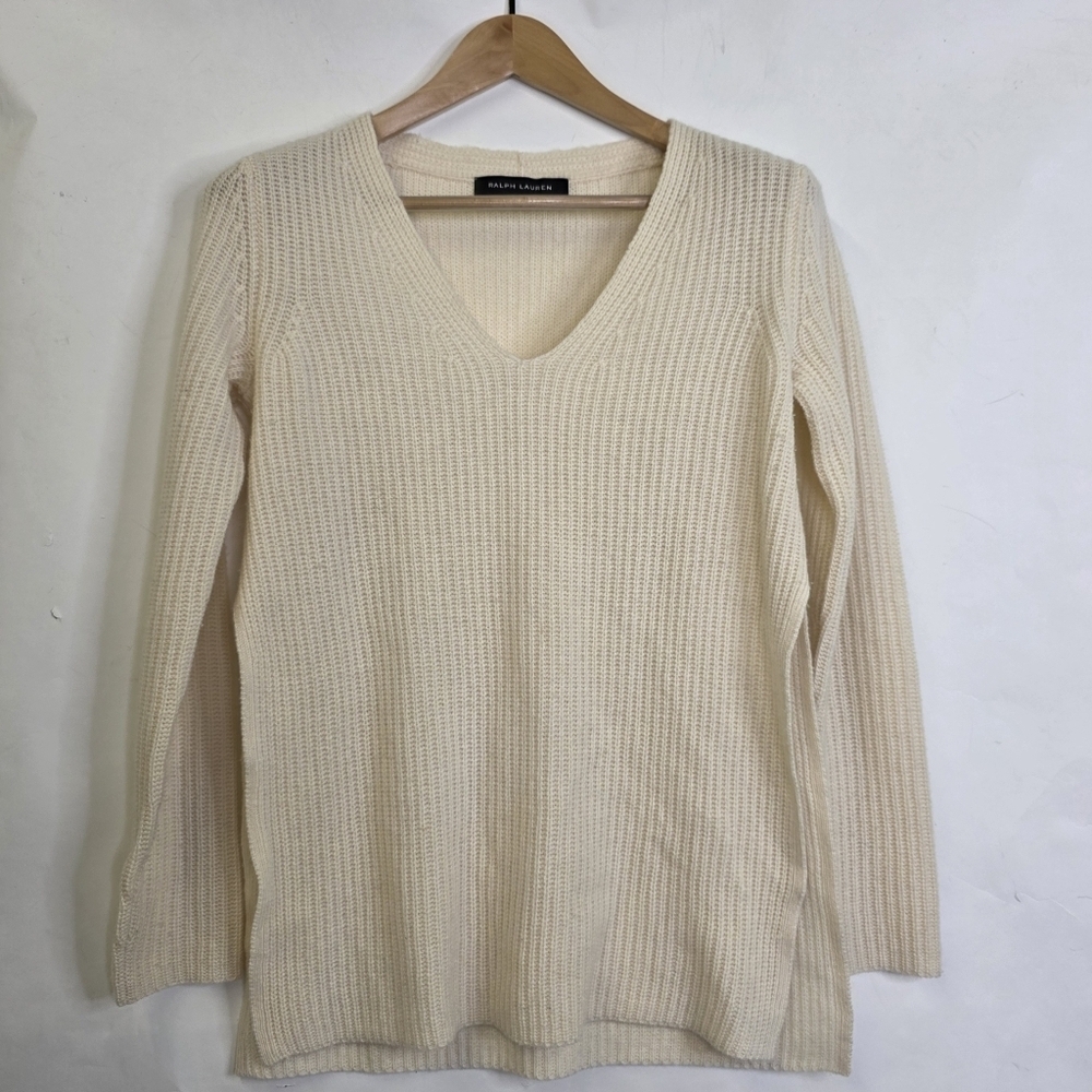 Ralph Lauren Black label Cashmere knit v neck withside slit long sleeves Top